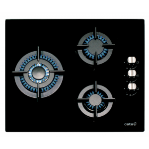 Placa de gas Cata CCI 6021 BK, 3 zonas, 59 cm, gas natural, mandos laterales, 6250W, encendido electrónico, inyectores gas butano incluidos, Cristal Gas, negro