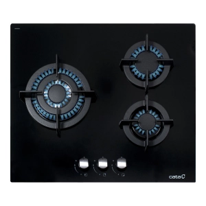 Placa de gas natural Cata CCI 6021 BK, 3 zonas, 59 cm, mandos frontales, 6250W, encendido electrónico, inyectores gas butano incluidos, Cristal Gas, ref. 08068501, cristal negro