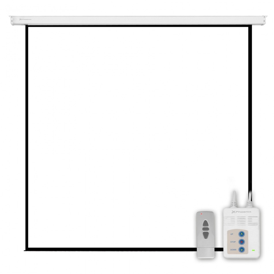 Pantalla electrica videoproyector pared y techo phoenix 135´´ratio 1:1 - 4:3 - 16:9 2.4m x 2.4m posicion adjustable - carcasa blanca - tela super resistente