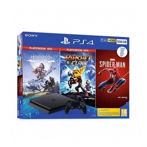 Consola sony ps4 slim 500gb + horizon zero dawn complete edition + ratchet and clank + marvel spider - man