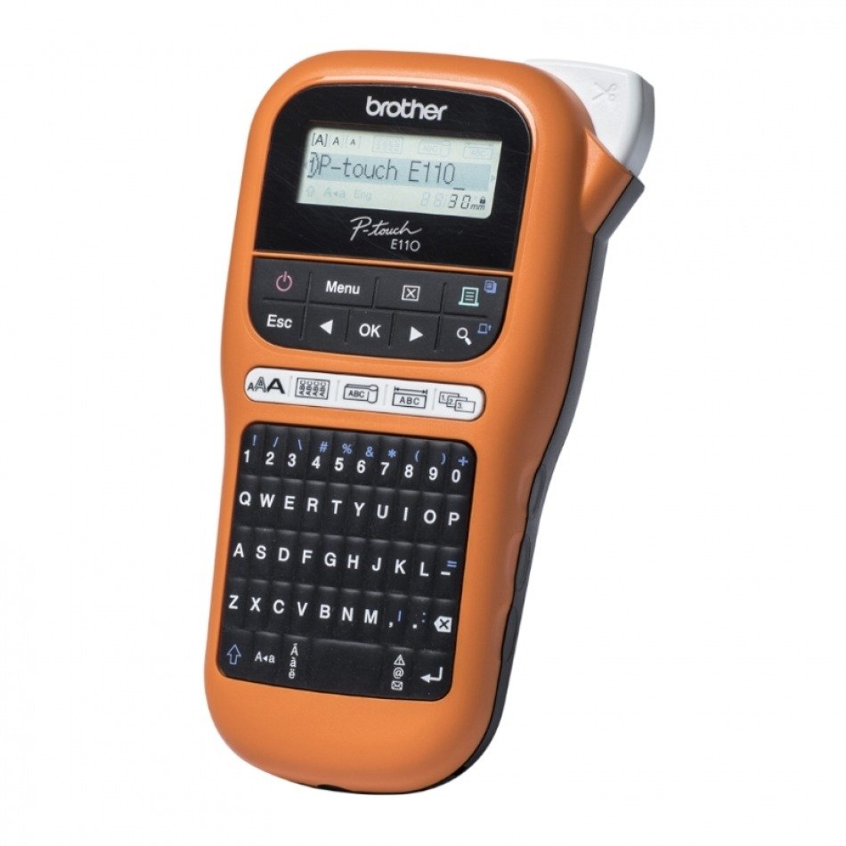 Brother P-Touch PT-E110VP - Etiquetadora - monocromo - transferencia térmica - rollo (1,2 cm) - 180 ppp - hasta 20 mm/segundo - impresión de 2 líneas - negro, naranja