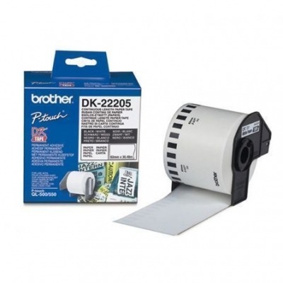 CINTA DE PAPEL CONTINUO BROTHER DK22205 BLANCA 62MM ANCHO X 30.40MM LONGITUD COMPATIBLE CON QL-500/QL-550