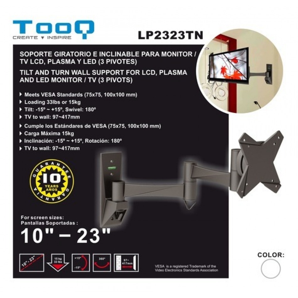 Comprar TooQ SOPORTE GIRATORIO E INCLINABLE PARA MONITOR / TV LCD, PLASMA Y  LED (3 PIVOTES) DE 10-23, NEGRO
